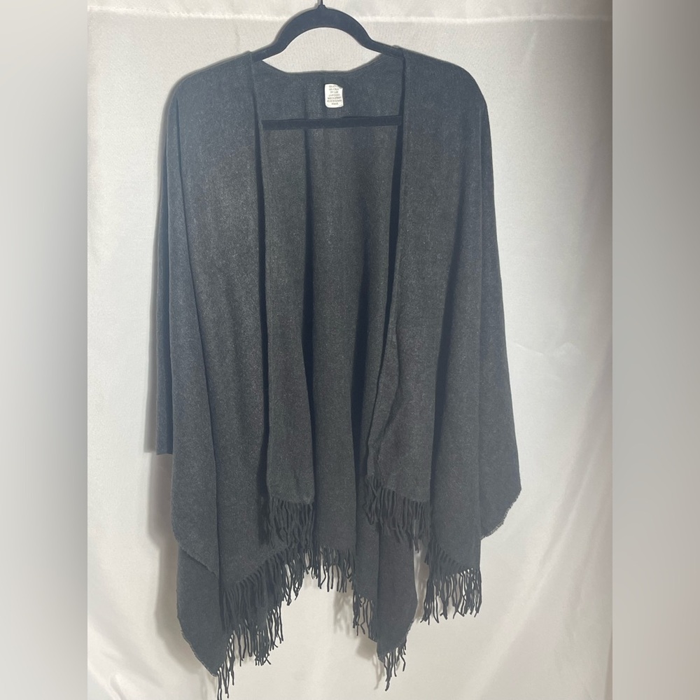 Charcoal Gray Fringe Open Front Poncho Wrap – 100% Acrylic – Made in Germany